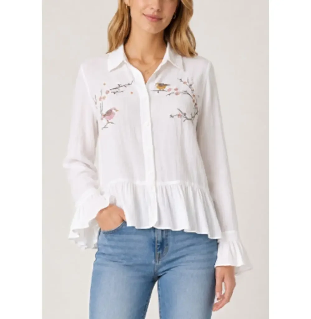 New Lauren Conrad Women's White Boho Button Down Bird Embroidered Shirt Size M